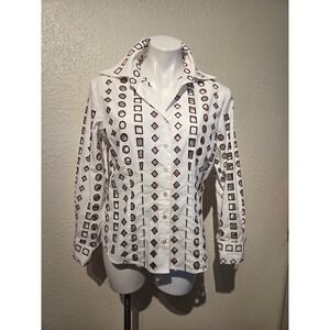 D&Y Womens White Cotton Geometric Eyelet Cutout‎ Button Down Shirt Brown Trim M